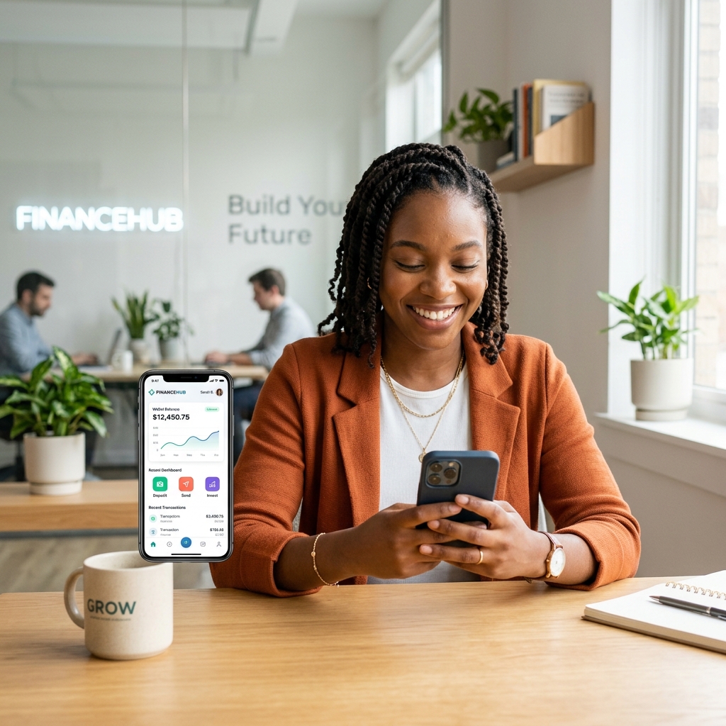 Jeune fille souriante utilisant TontineChain sur son mobile