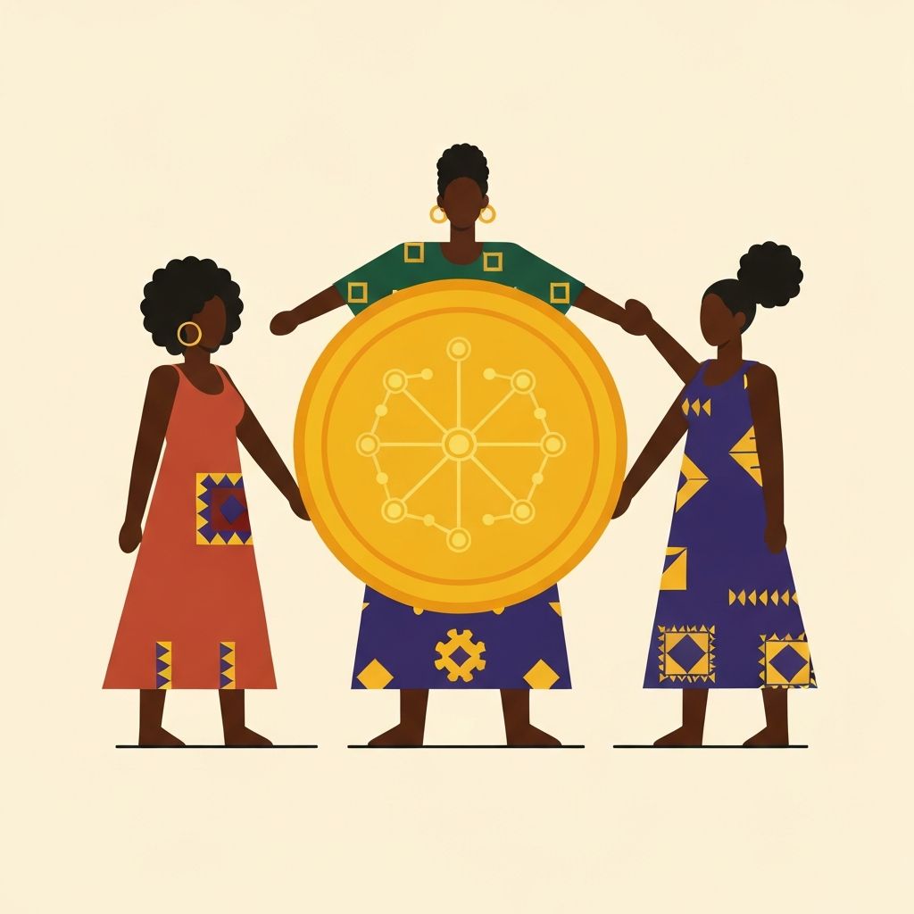Illustration vectorielle : trois femmes africaines unies autour d'une pièce dorée représentant la tontine sécurisée